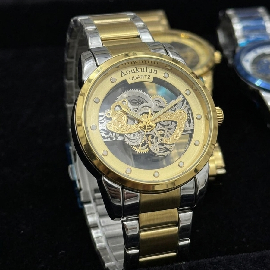 Luxury Skeleton Dial Quartz Watch For Men Elegant Stainless Steel Design Blue And Silver