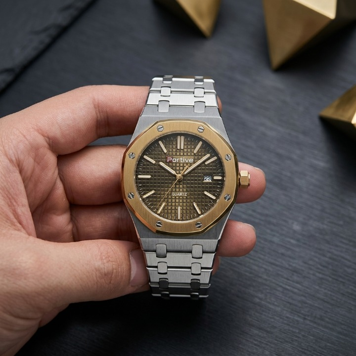 Portive Mens Watch Stylish Chronograph Design With Comfortable Strap Non Waterproof Without Box  Silver With Black Dial