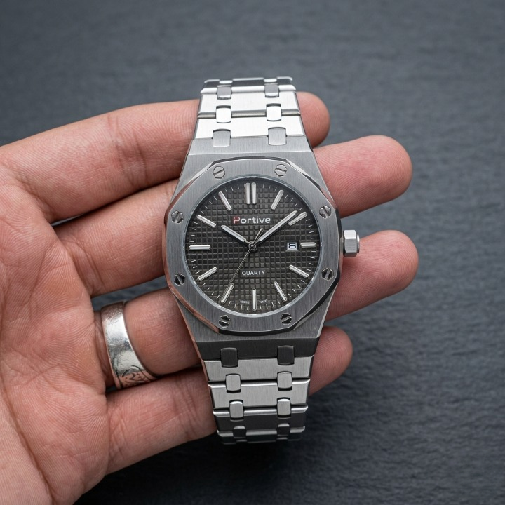 Portive Mens Watch Stylish Chronograph Design With Comfortable Strap Non Waterproof Without Box  Silver With Black Dial