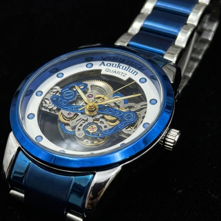 Luxury Skeleton Dial Quartz Watch For Men Elegant Stainless Steel Design  Blue And Silver