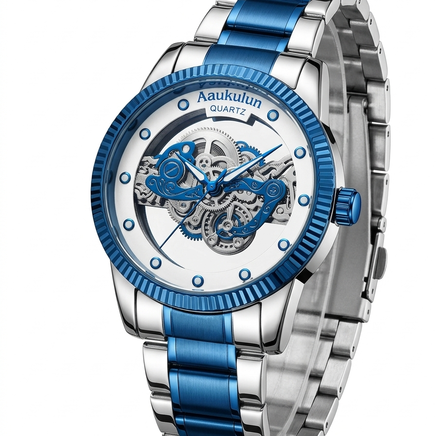 Luxury Skeleton Dial Quartz Watch For Men Elegant Stainless Steel Design  Blue And Silver