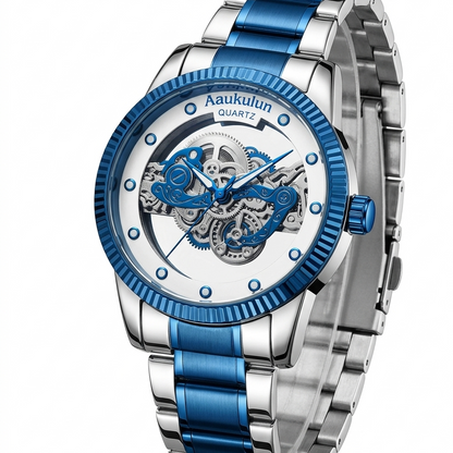 Luxury Skeleton Dial Quartz Watch For Men Elegant Stainless Steel Design  Blue And Silver