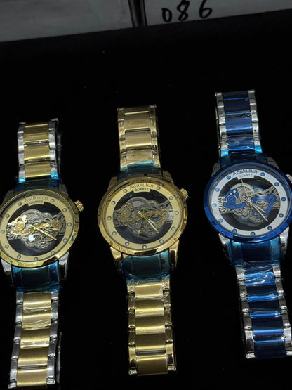Luxury Skeleton Dial Quartz Watch For Men Elegant Stainless Steel Design  Blue And Silver