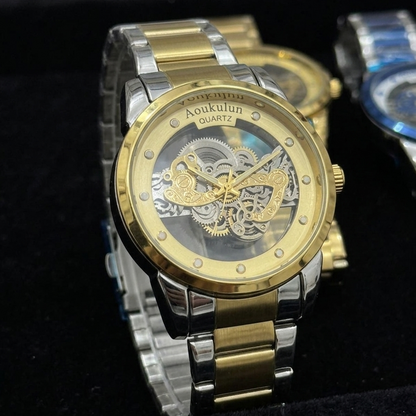 Luxury Skeleton Dial Quartz Watch For Men Elegant Stainless Steel Design  Blue And Silver