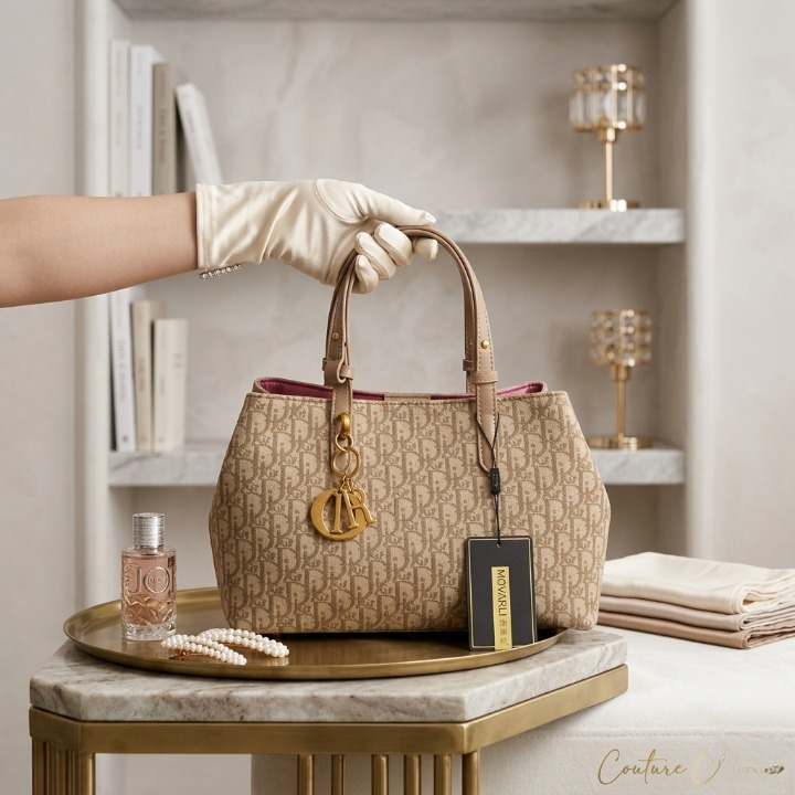 Designer Tote Handbag Monogram Pattern With Golden Charm Elegant Fashion Accessory | Beige
