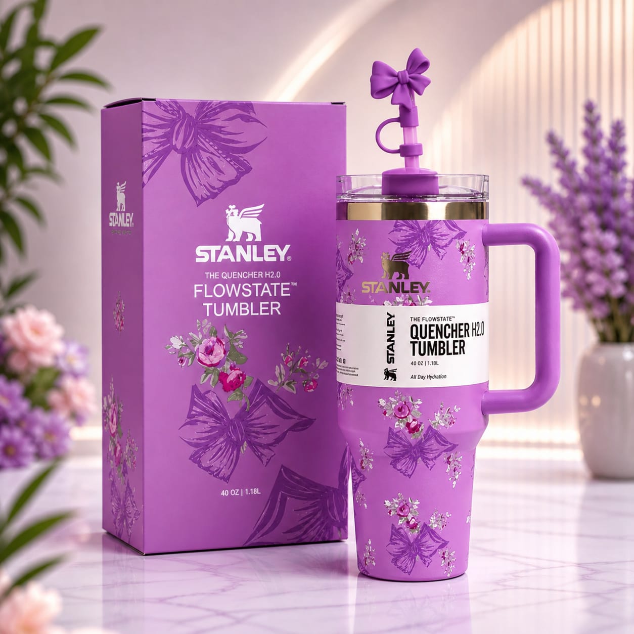 Stanley Premium Printed Tumbler 40oz with Box – Stylish Stainless Steel Vacuum Insulated Travel Mug (Tea Pink)