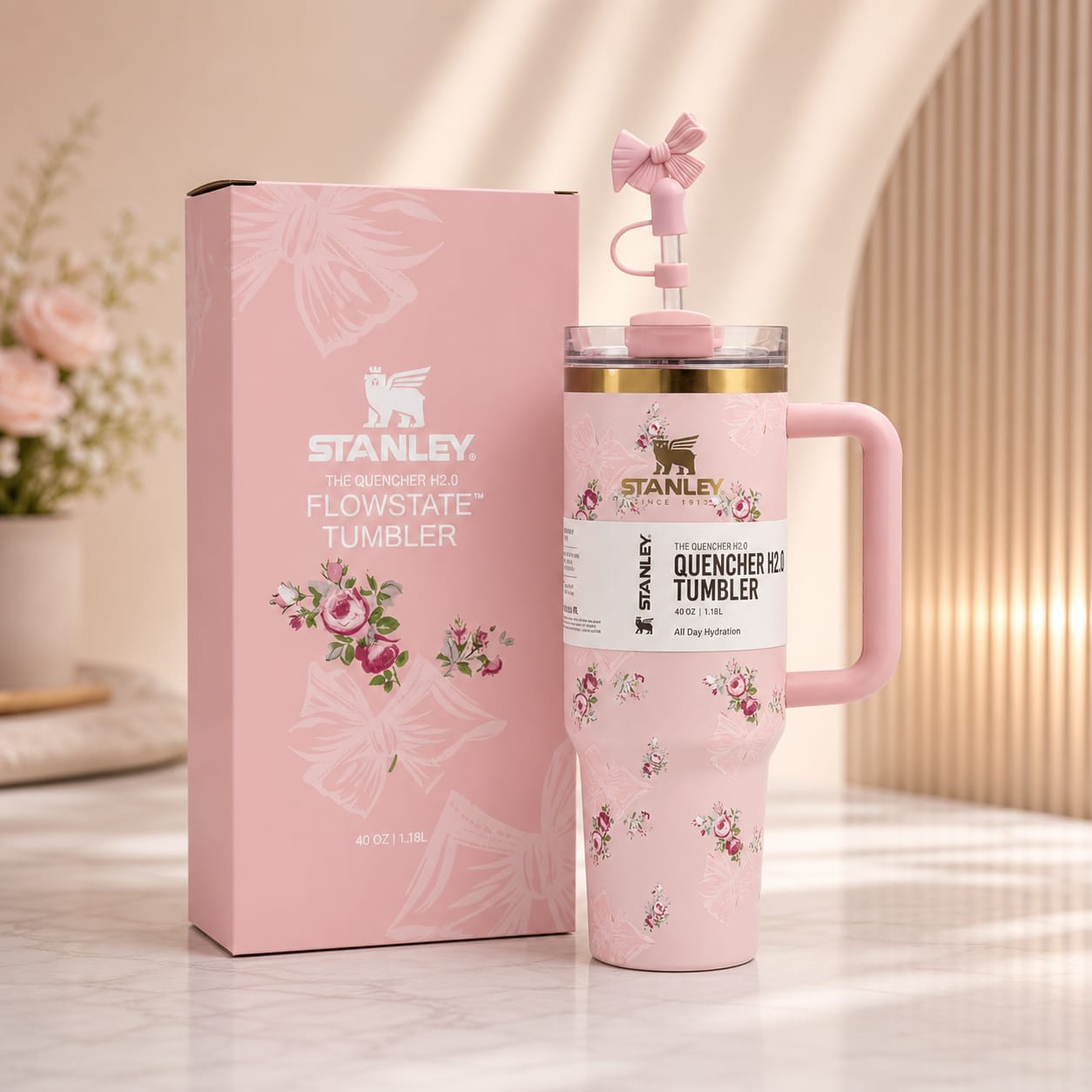 Stanley Premium Printed Tumbler 40oz with Box – Stylish Stainless Steel Vacuum Insulated Travel Mug (Tea Pink)