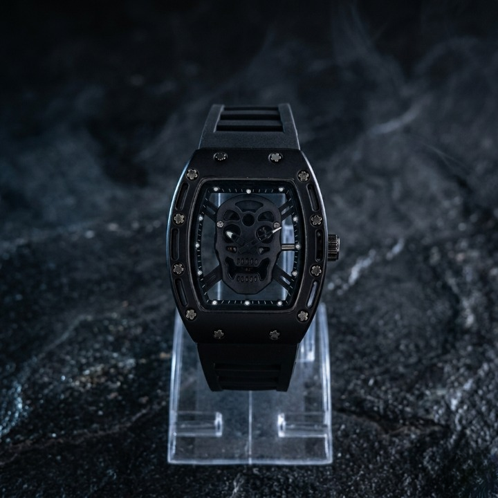 Luxury Non-Waterproof Skull Skeleton Concept Watch – Bold Tonneau Case with Sporty Silicone Strap (Without Box) - Black