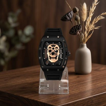 Luxury Non-Waterproof Skull Skeleton Concept Watch – Bold Tonneau Case with Sporty Silicone Strap (Without Box) - Black