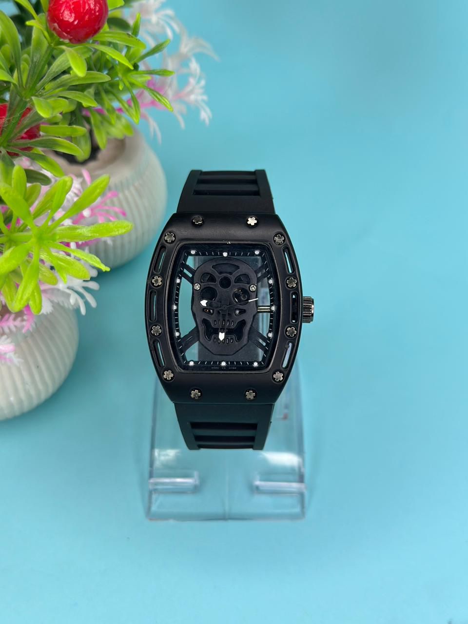 Luxury Non-Waterproof Skull Skeleton Concept Watch – Bold Tonneau Case with Sporty Silicone Strap (Without Box) - Black