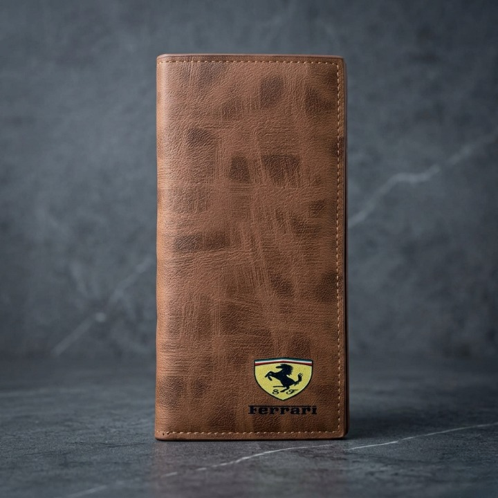 Premium Ferrari Inspired Long Wallet – Slim Bi-Fold Men’s Clutch & Travel Organizer with Elegant Logo Detail (Brown)