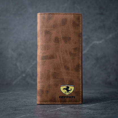 Premium Ferrari Inspired Long Wallet – Slim Bi-Fold Men’s Clutch & Travel Organizer with Elegant Logo Detail (Brown)