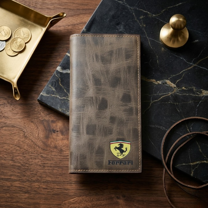 Premium Ferrari Inspired Long Wallet – Slim Bi-Fold Men’s Clutch & Travel Organizer with Elegant Logo Detail (Brown)
