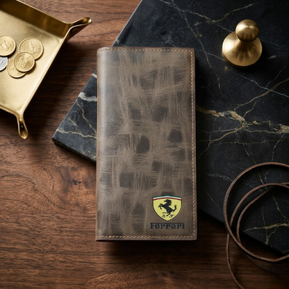 Premium Ferrari Inspired Long Wallet – Slim Bi-Fold Men’s Clutch & Travel Organizer with Elegant Logo Detail (Brown)