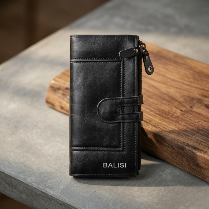 Premium Balisi Leather Long Wallet – Elegant Bi-Fold Business Clutch & Multi-Card Travel Organizer for Men(Black)