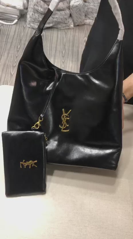 Luxury YSL Imported Tote Bag (Large Capacity) – High-Quality Black Leather Shoulder Bag with Pouch | Premium Designer Bag( without box)