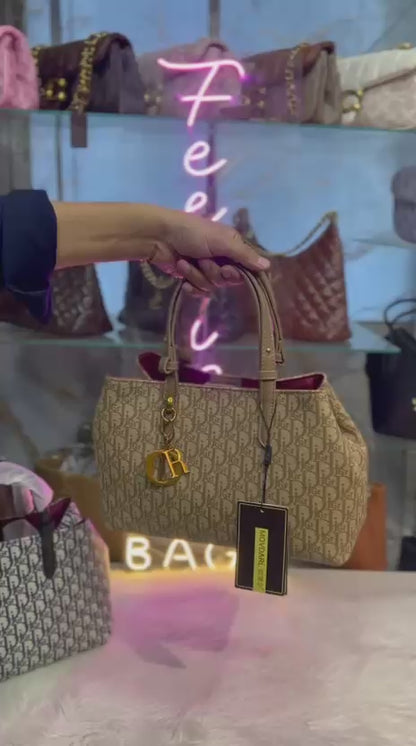 Designer Tote Handbag Monogram Pattern With Golden Charm Elegant Fashion Accessory | Beige